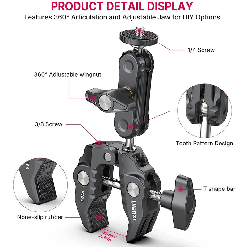 Ulanzi-R094 Metal Super Clamp with 360° Ball Head Magic Arm Clamp with 1/4" 3/8" Hole