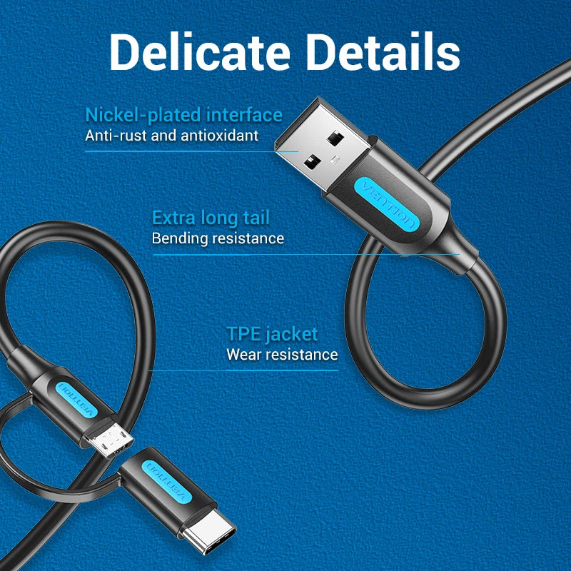 Vention 2-in-1 USB Type C & Micro USB Fast Charging Cable for Xiaomi, Samsung, Huawei - 3A Power