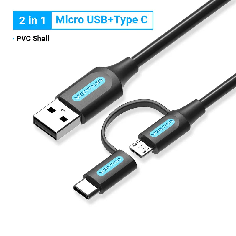 Vention 2-in-1 USB Type C & Micro USB Fast Charging Cable for Xiaomi, Samsung, Huawei - 3A Power