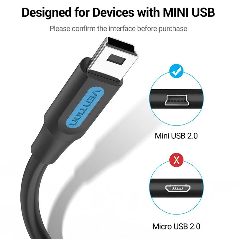 Vention Mini USB 2.0 to USB Fast Data Charger Cable for MP3, MP4, GPS, Digital Camera, HDD