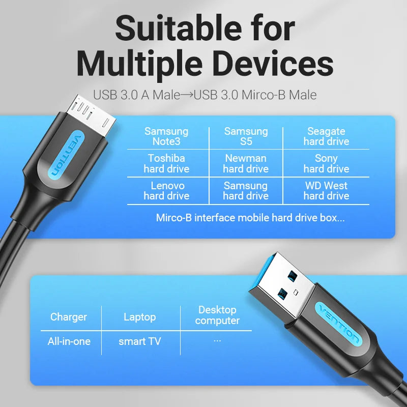 Vention USB 3.0 Micro B Cable - Fast Charging & High-Speed Data Transfer for Hard Drives & Samsung