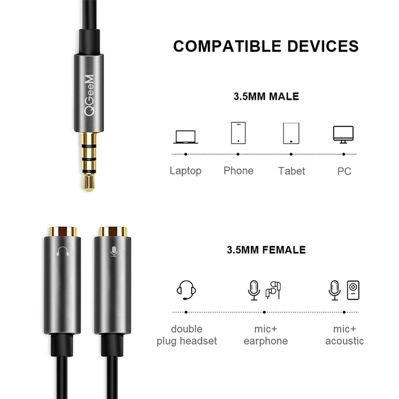 QGEEM 3.5mm Audio Splitter Cable - 1 Male to 2 Female Mic Y Splitter AUX Adapter