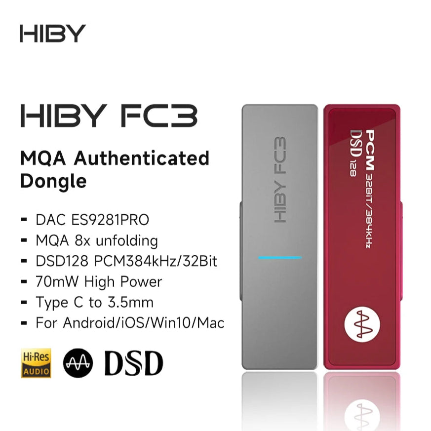 HiBy FC3 Portable MQA 4X USB DAC Headphone Amp DSD128 3.5mm HiFi Audio Decoder Android iOS Mac Win10