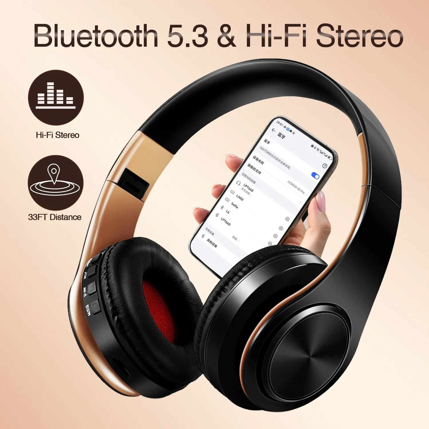 Men’s Gold Wireless Headphones Bluetooth Stereo Headset with Built-in MIC & 3.5mm Jack