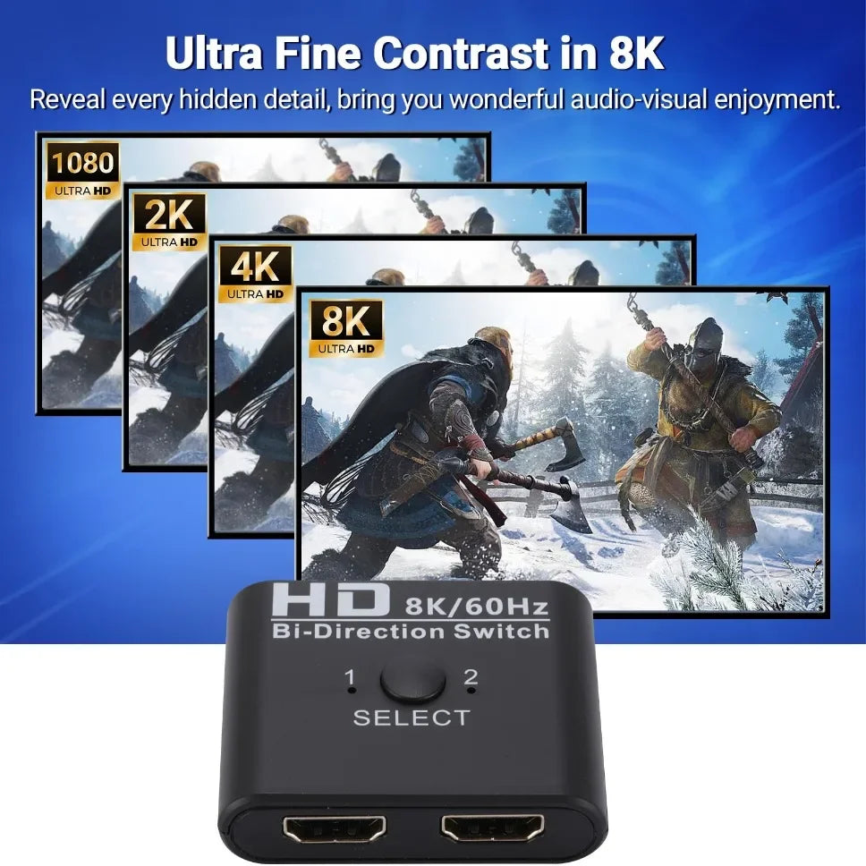 8K 60Hz Bi-Directional HDMI-Compatible Switch Splitter 2-In-1-Out/1-In-2-Out Adapter for PS4 TV Box