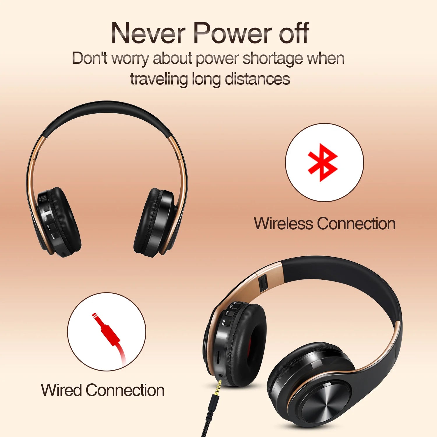 Men’s Gold Wireless Headphones Bluetooth Stereo Headset with Built-in MIC & 3.5mm Jack