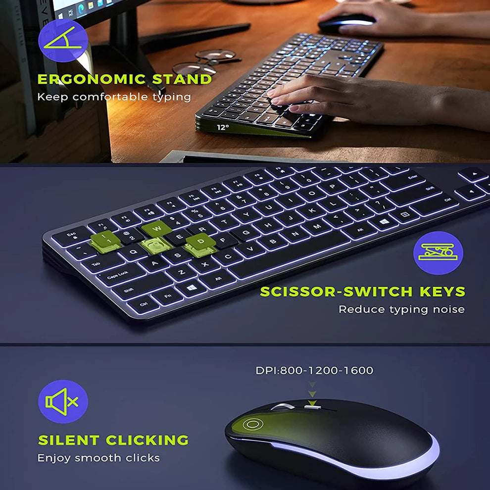 JOMAA Rechargeable Wireless Keyboard and Mouse Combo | Silent Backlit Slim Full-Size Set for Windows