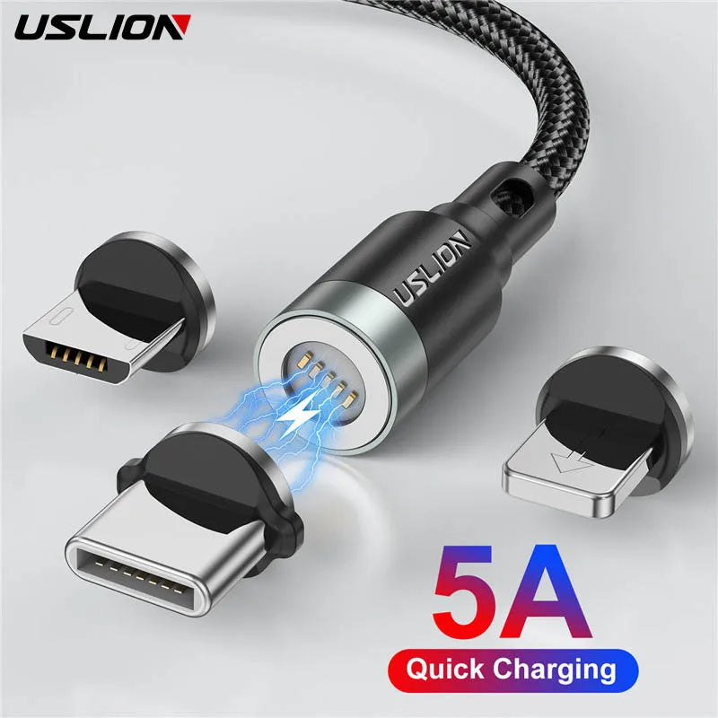 USLION 5A Magnetic Cable – Fast Charging USB A to Type C, Micro USB & Lightning Data Cord