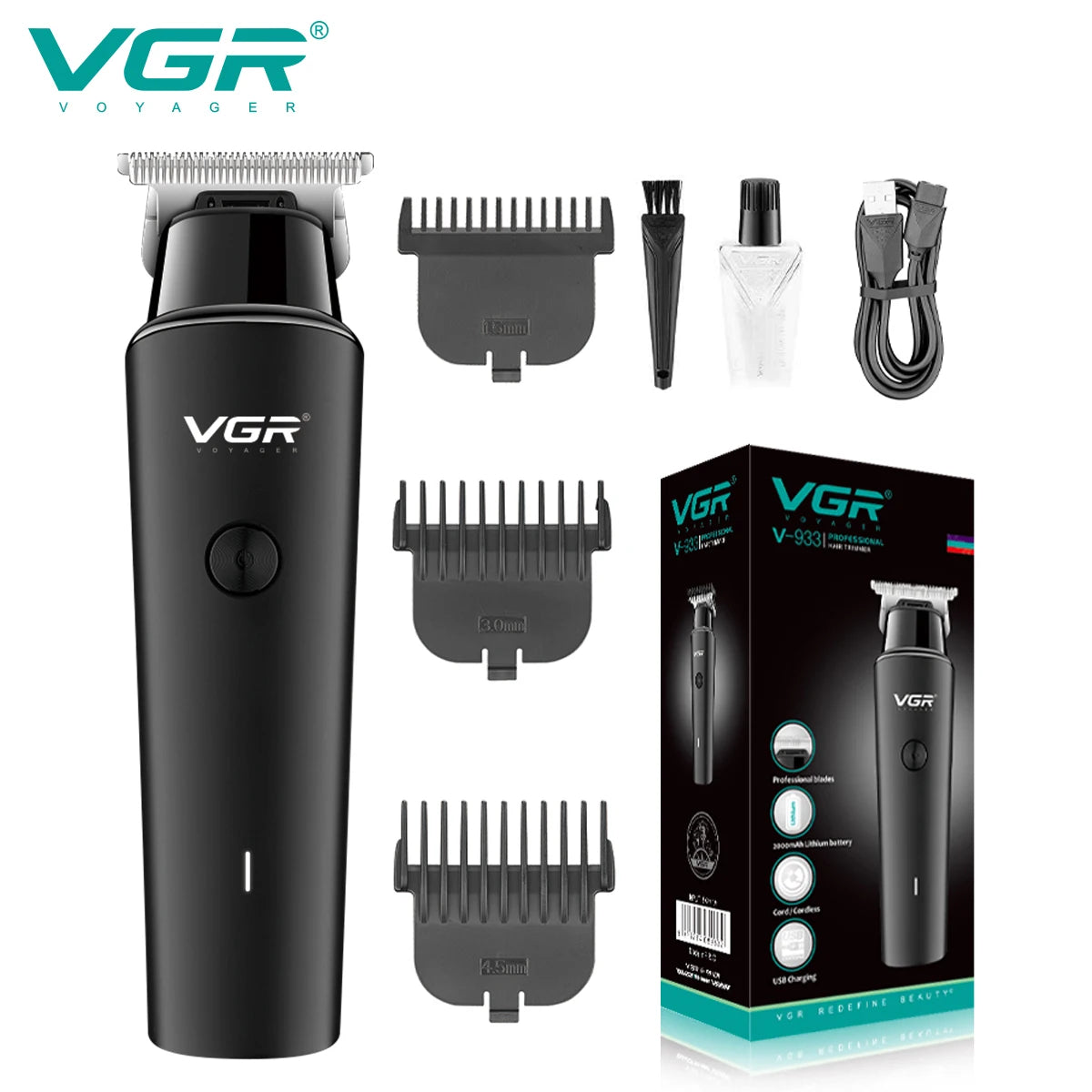 VGR Hair Clipper & Beard Trimmer Professional Cordless Rechargeable 2000mAh Battery V-933