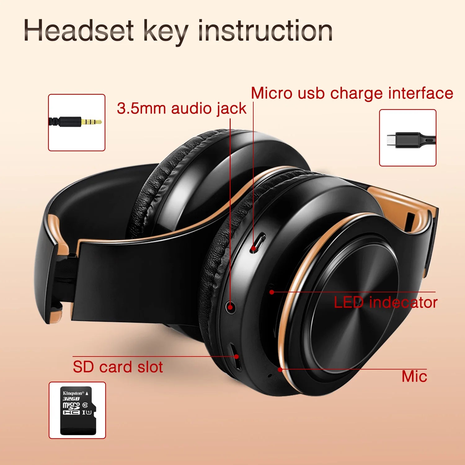 Men’s Gold Wireless Headphones Bluetooth Stereo Headset with Built-in MIC & 3.5mm Jack