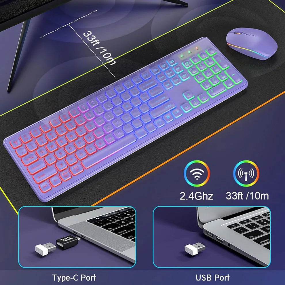 JOMAA Rechargeable Backlit Wireless Keyboard and Mouse Combo | RGB Full-Size Slim Ergonomic Set