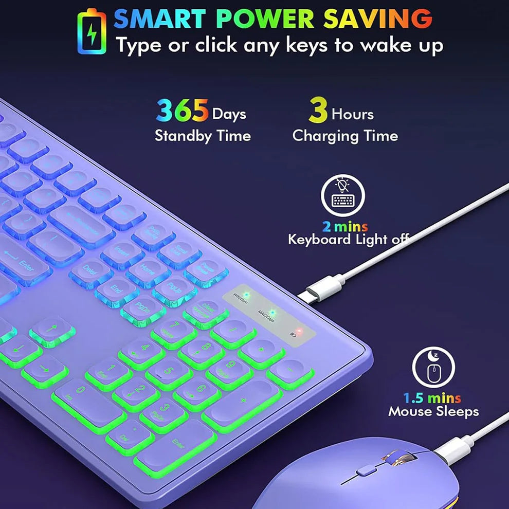 JOMAA Rechargeable Backlit Wireless Keyboard and Mouse Combo | RGB Full-Size Slim Ergonomic Set