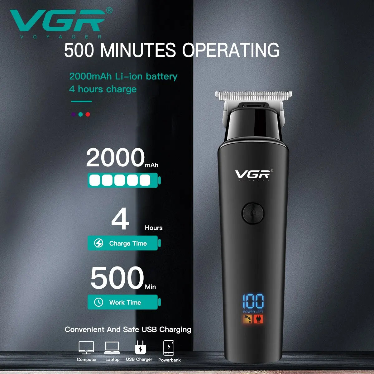 VGR Hair Trimmer Cordless Rechargeable LED Display Professional Electric Hair Clipper Trimmer V-937