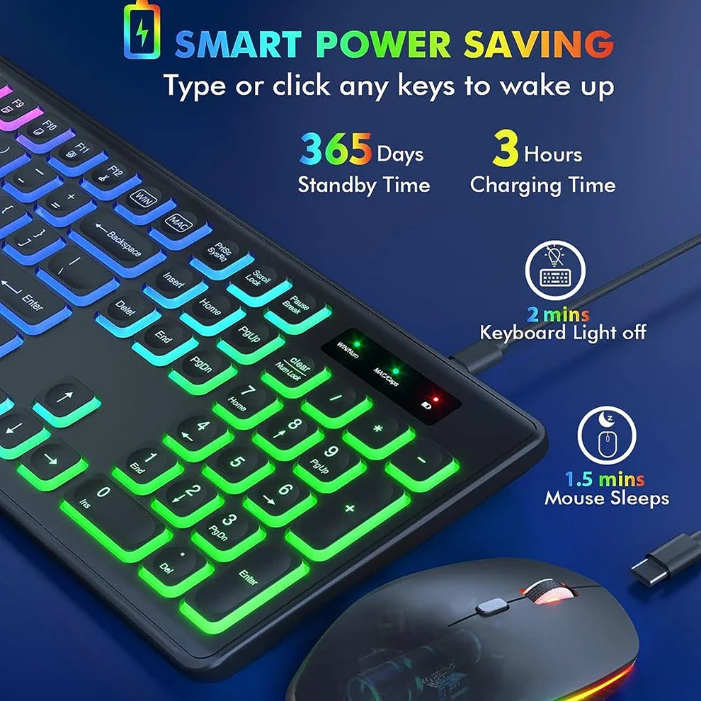 JOMAA Wireless Keyboard and Mouse Combo | RGB Backlit, Rechargeable, Ergonomic, 2.4GHz Connection