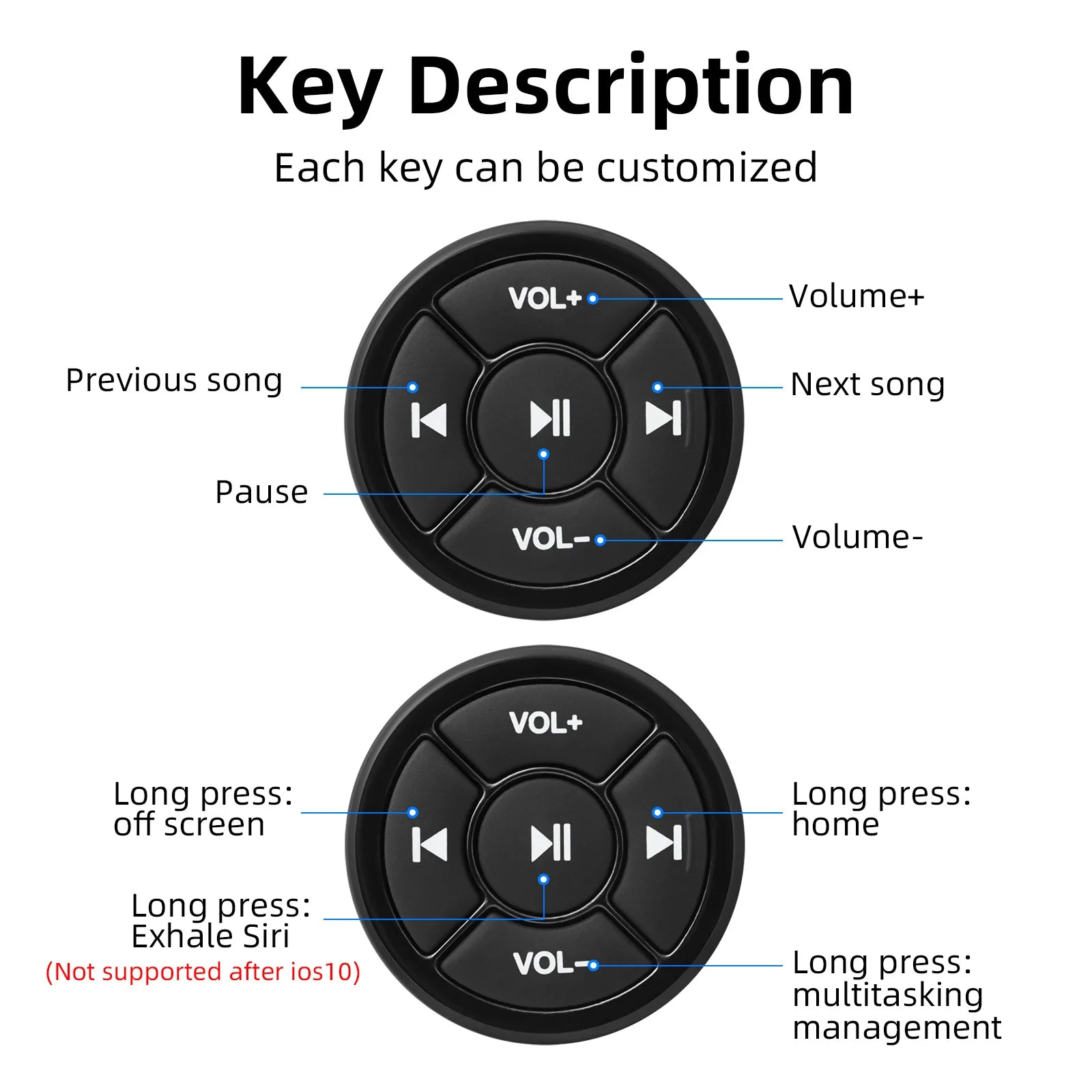 Wireless Bluetooth-Compatible Media Button Remote Controller for IOS/Android, Car & Motorcycle Use