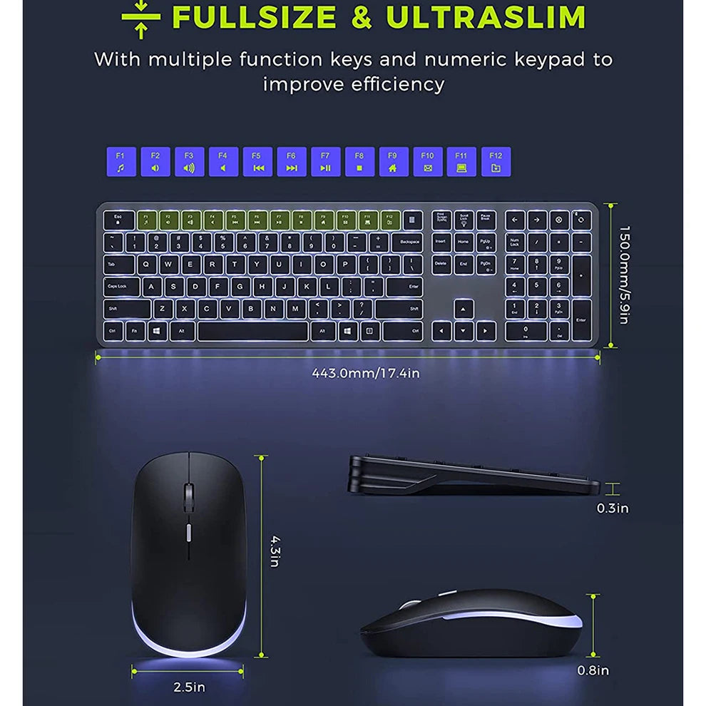 JOMAA Rechargeable Wireless Keyboard and Mouse Combo | Silent Backlit Slim Full-Size Set for Windows