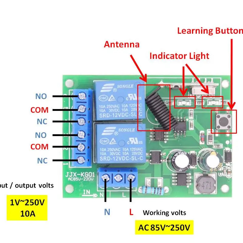 433Mhz Remote Switch for Garage Door Universal Remote AC 85V - 250V 110V 220V 2CH Relay Receiver