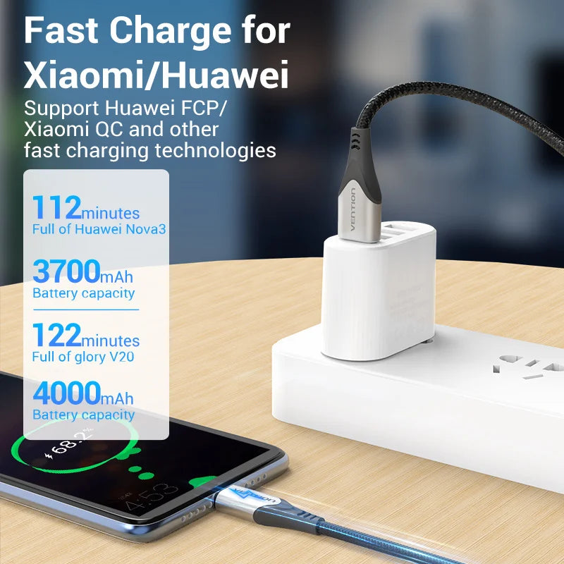 Vention USB C Charging Cable 3A Fast Charger for Xiaomi, Huawei, Samsung S21, and Type-C Devices