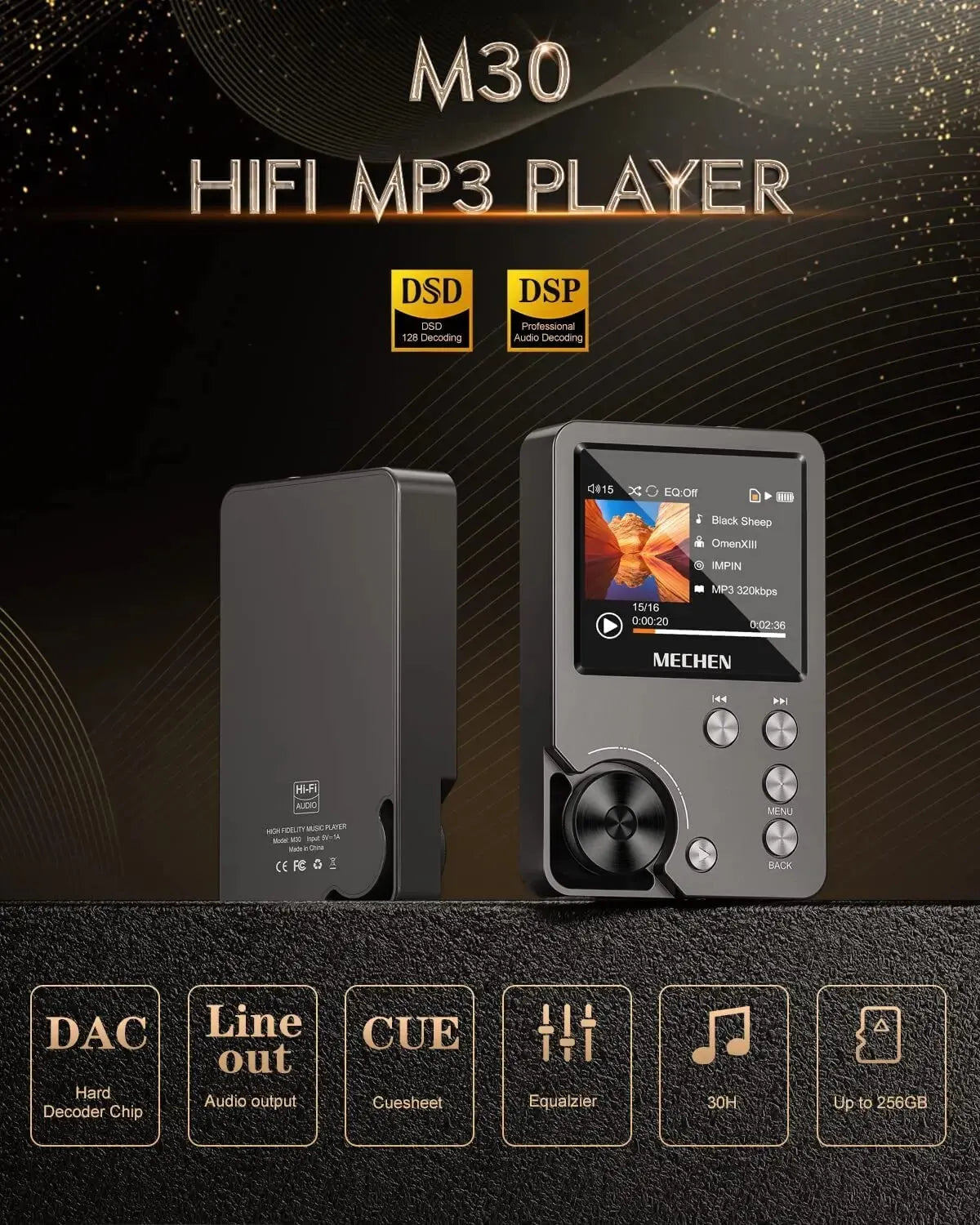 MECHEN M30 HiFi MP3 Player with 64GB Memory, Lossless Audio, 256GB Expandable, Metal Body