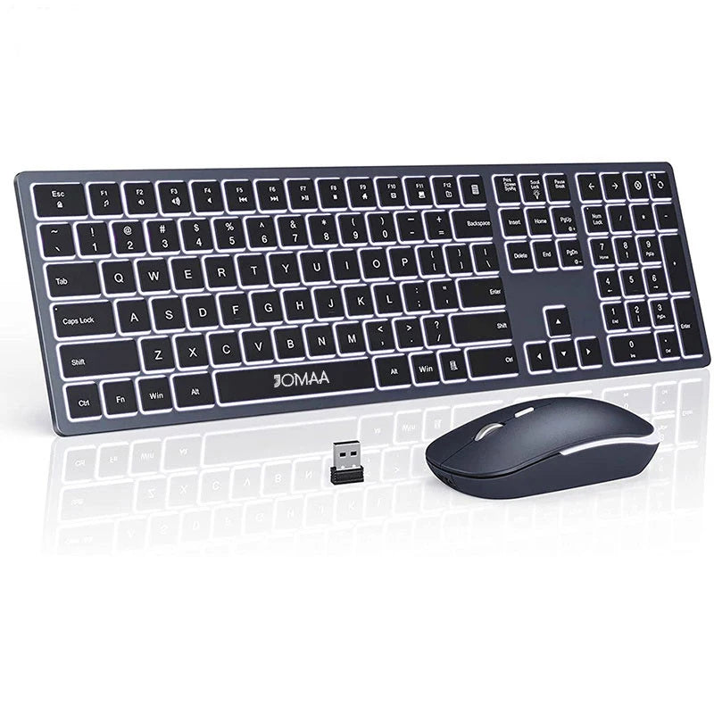 JOMAA Rechargeable Wireless Keyboard and Mouse Combo | Silent Backlit Slim Full-Size Set for Windows