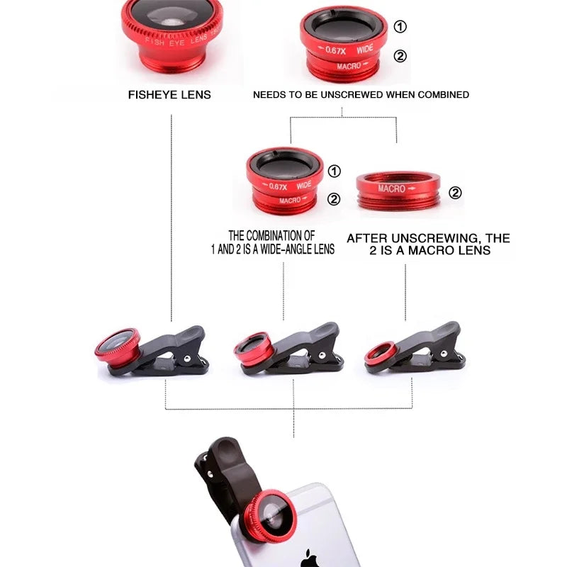 3in1 Fisheye Wide Angle Micro Camera Lens for iPhone Xiaomi Redmi 3IN1 Zoom Fish Eye Len