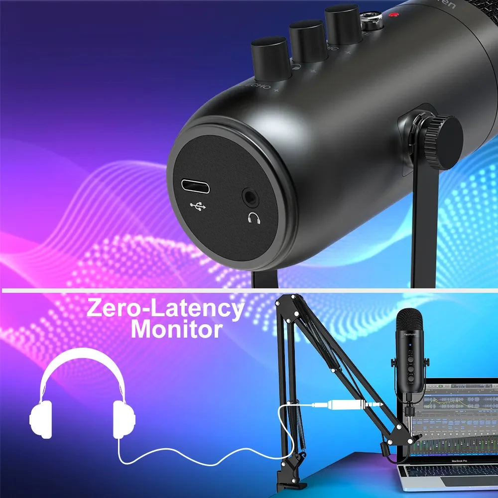 Professional USB Streaming Podcast PC Microphone Studio Cardioid Condenser Mic Kit with Boom Arm