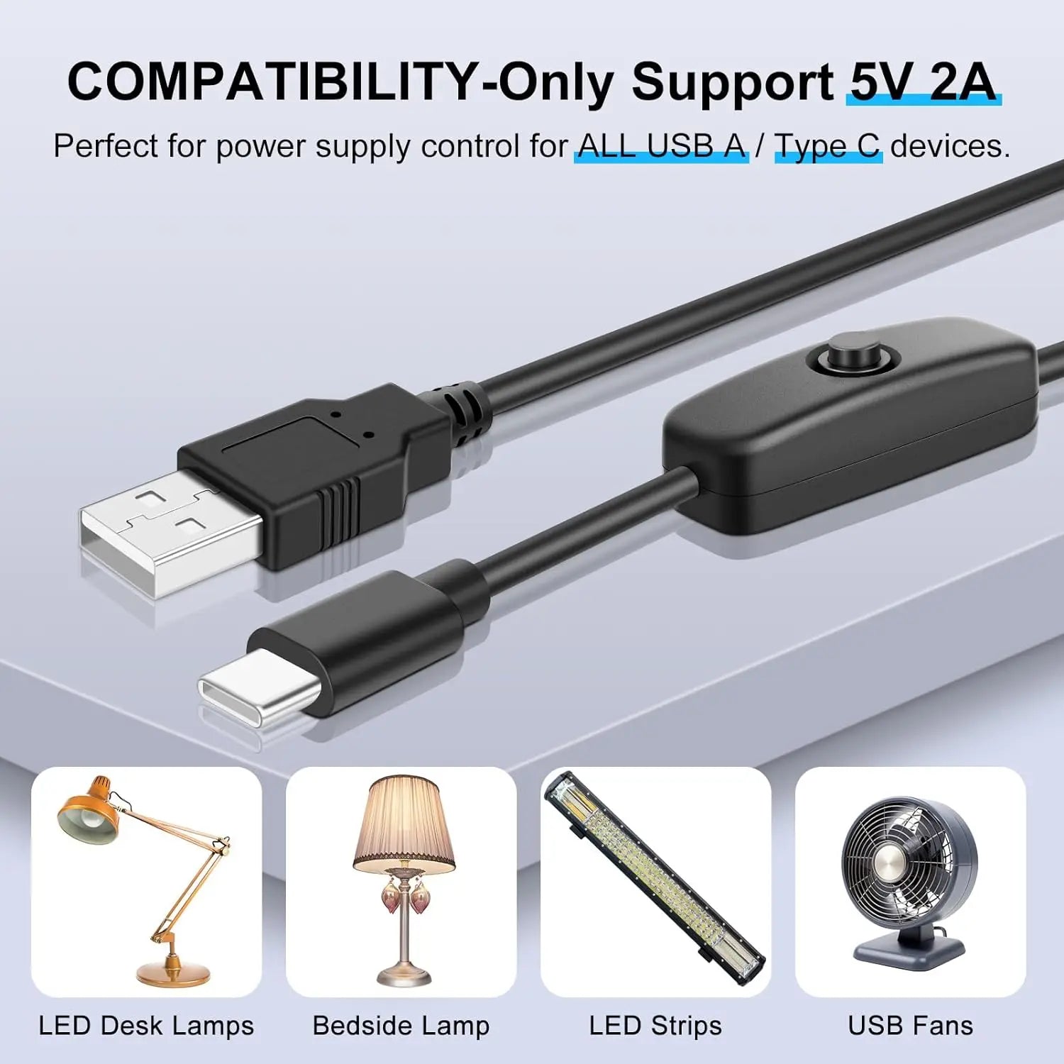 USB to Type C Switch Cable DC 5V 2A Power Supply Extension Wire On/Off Button Switch Electrical Line