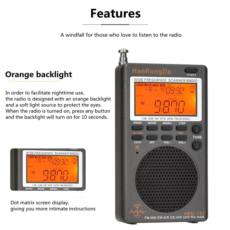 HRD-747 Portable All-Band Digital Radio with SSB, Shortwave, FM, LSB, AIR, CB, VHF, UHF, & NOAA