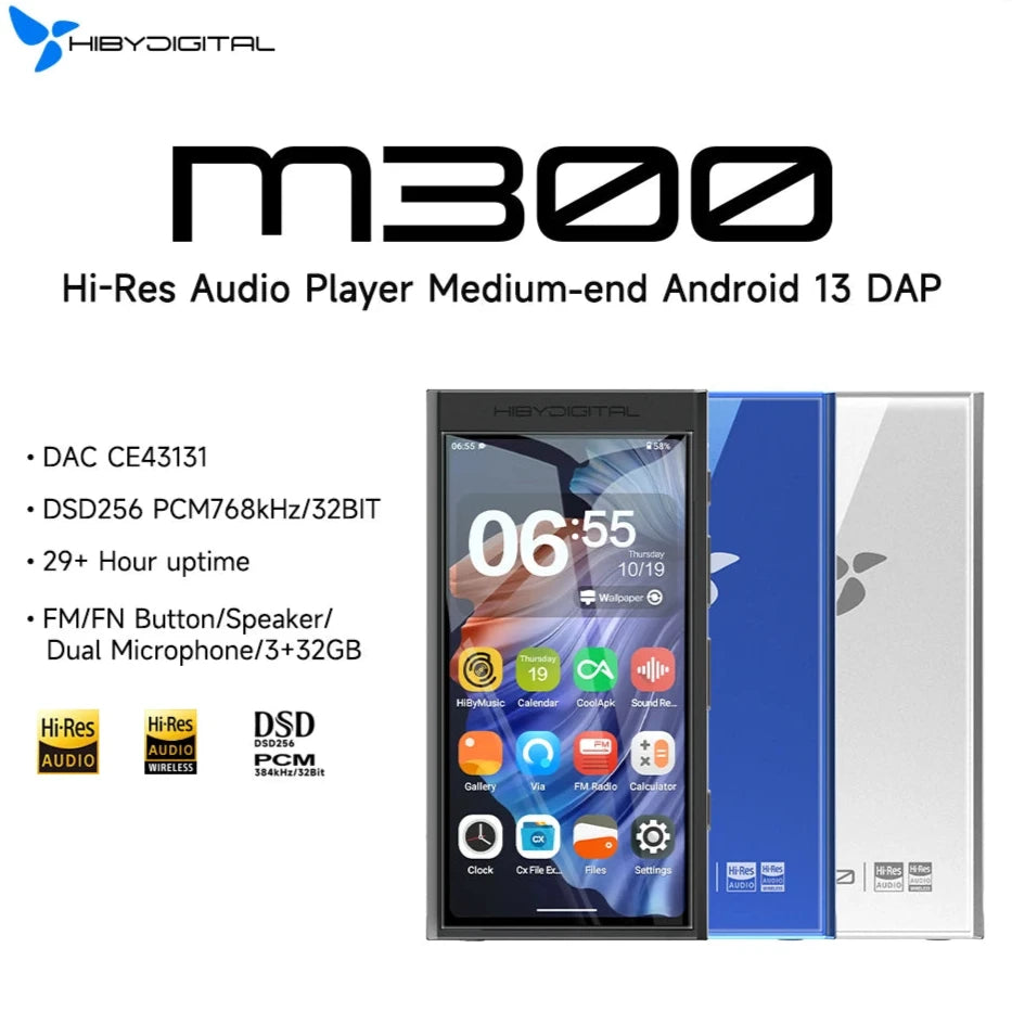 HiBy M300 Android 13 HiFi MP3 Player, Bluetooth & WiFi, 4" IPS Screen, 29hr Battery, FM Radio, DAC