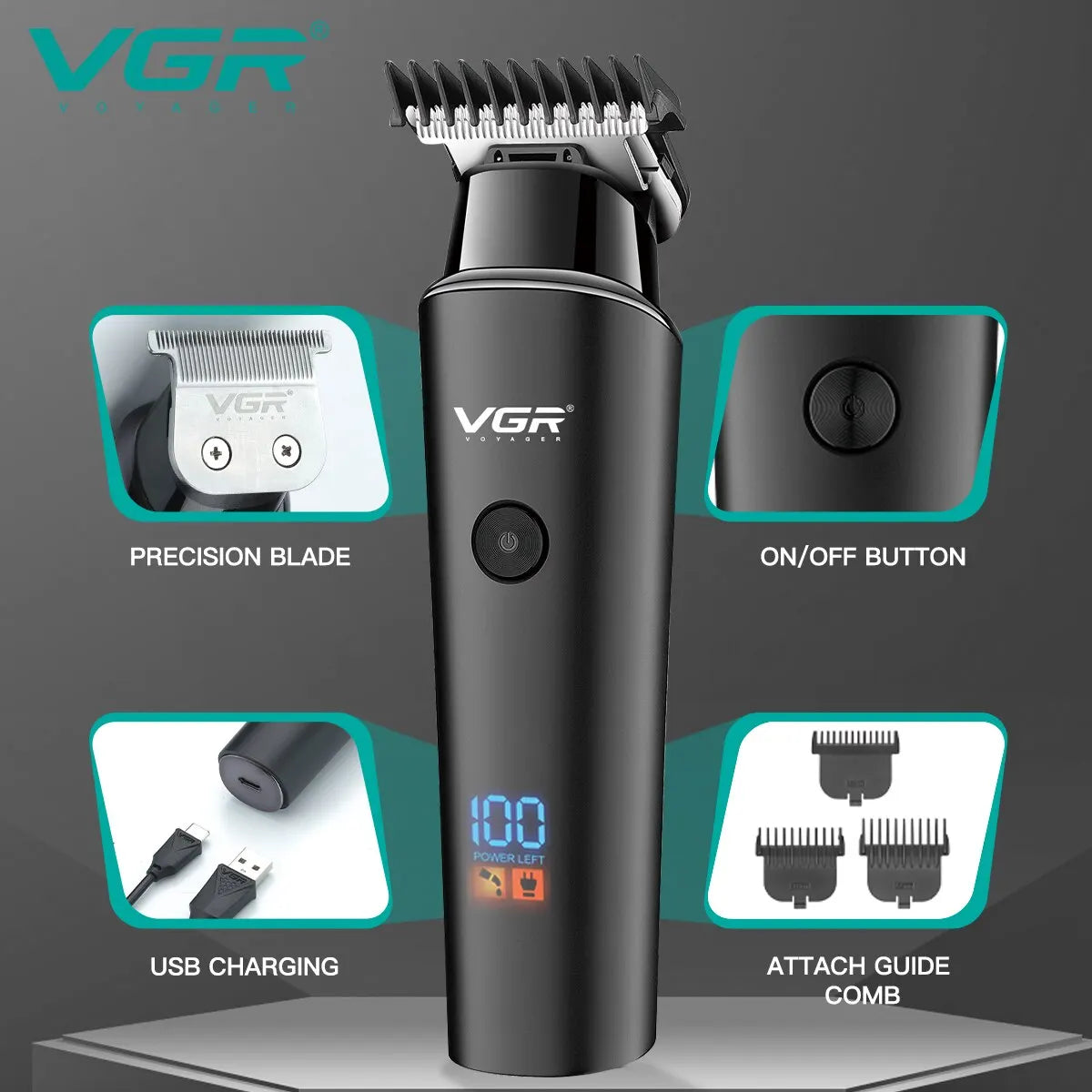 VGR Hair Trimmer Cordless Rechargeable LED Display Professional Electric Hair Clipper Trimmer V-937