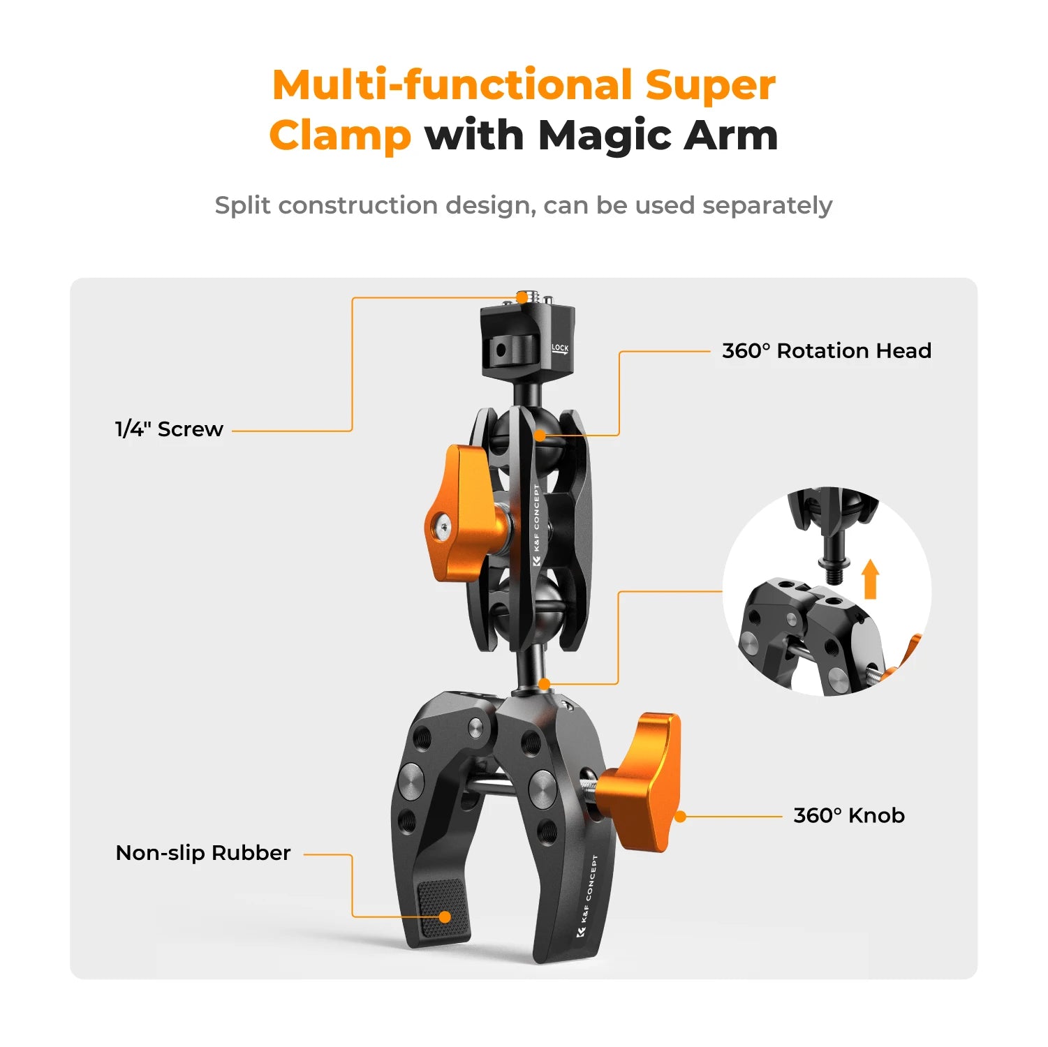 K&F Concept Multi-Functional Super Clamp with 360° Dual Ball Head Magic Arm for GoPro and Phones