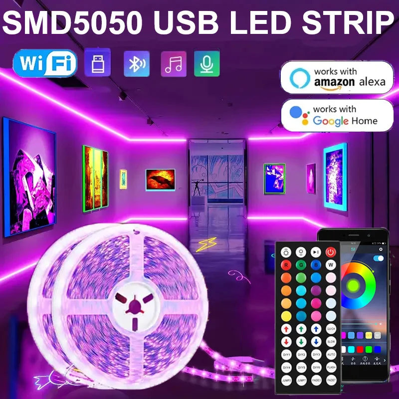 USB 1-30M LED Light Strip RGB 5050 Bluetooth Wifi APP Control Luces Led Light Strip with Music Sync