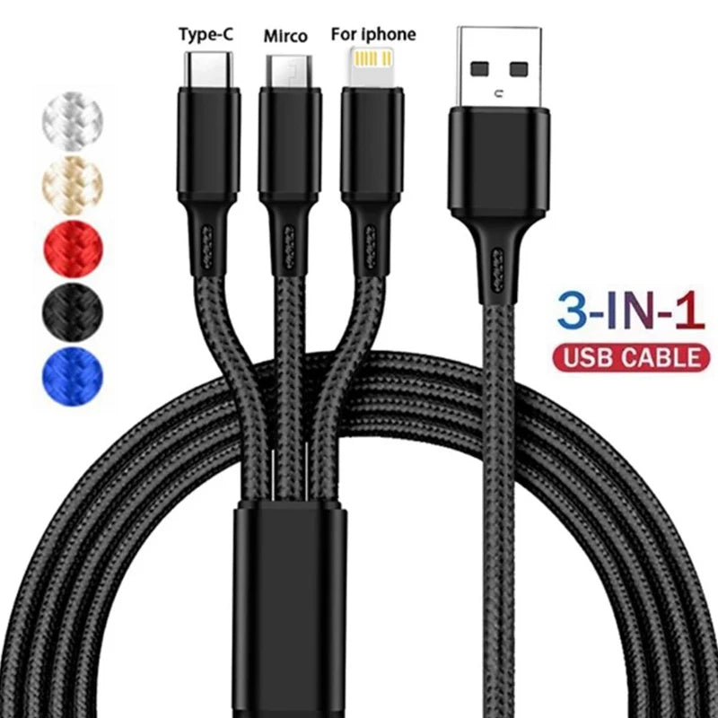 3 in 1 USB Cable Micro USB Type C Charger Cable Multi Usb Port Fast Charging Cord for iPhone/Samsung