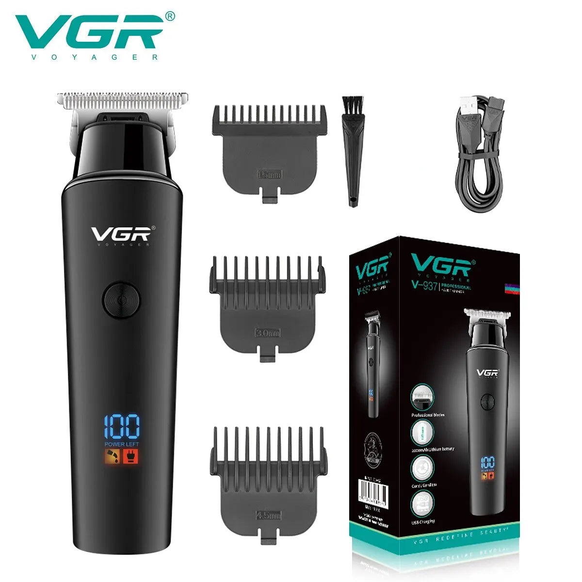 VGR Hair Trimmer Cordless Rechargeable LED Display Professional Electric Hair Clipper Trimmer V-937