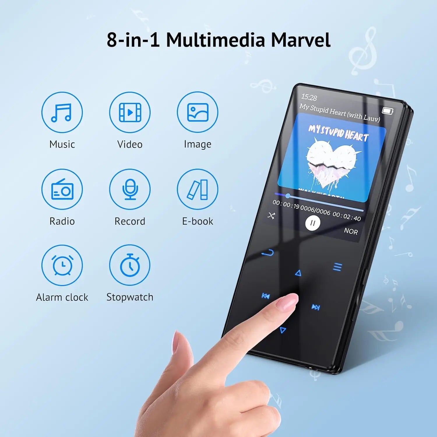 128GB MP3 Player with Bluetooth 5.3, Built-In Speaker, FM Radio, HiFi Sound, and Voice Recorder