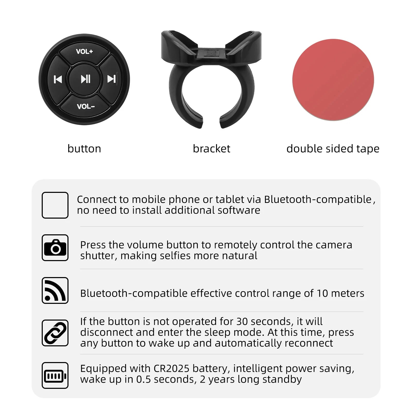 Wireless Bluetooth-Compatible Media Button Remote Controller for IOS/Android, Car & Motorcycle Use