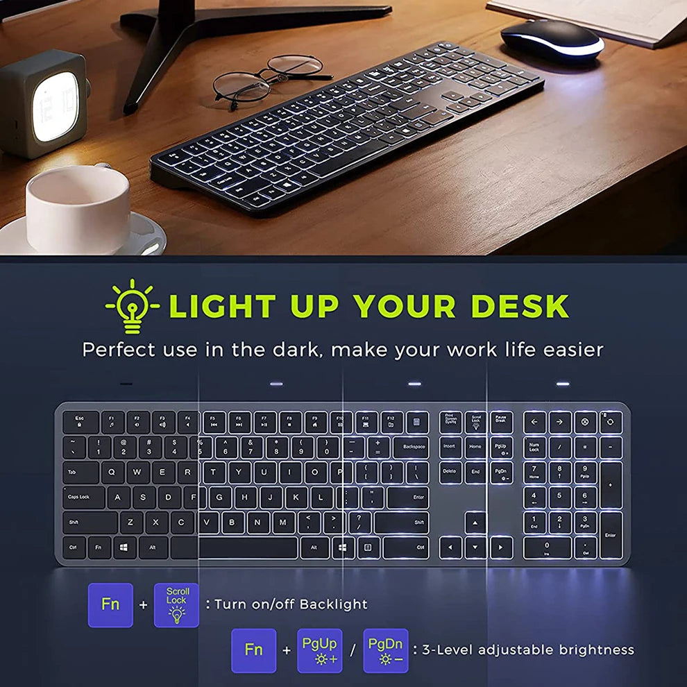 JOMAA Rechargeable Wireless Keyboard and Mouse Combo | Silent Backlit Slim Full-Size Set for Windows