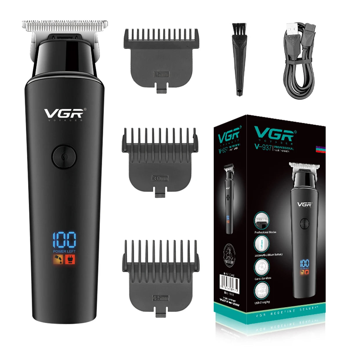 VGR Hair Clipper Rechargeable Beard Trimmer LED Display Barber Hair Cutting Machine V-937