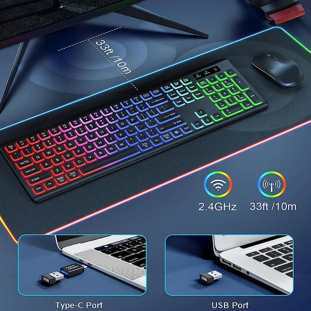 JOMAA Wireless Keyboard and Mouse Combo | RGB Backlit, Rechargeable, Ergonomic, 2.4GHz Connection