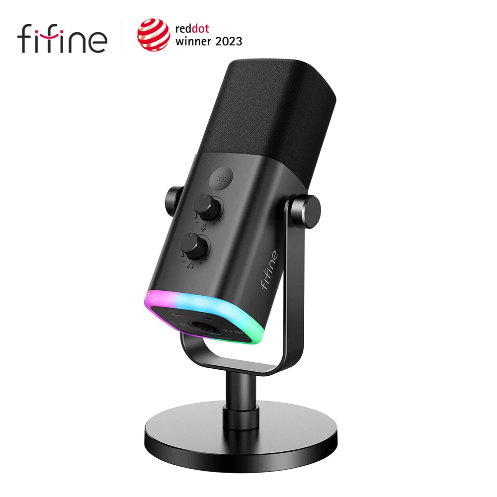 FIFINE USB/XLR Dynamic Microphone with Touch Mute Button, Headphone Jack, I/O Controls