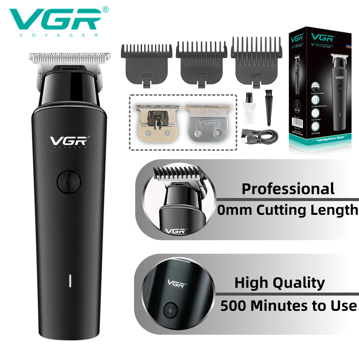 VGR Hair Trimmer Cordless Clipper 0mm Cutting Machine USB Rechargeable Barber Trimmer V-933