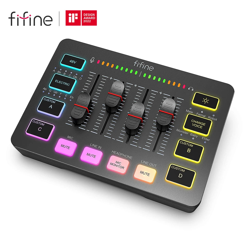 FIFINE Gaming Audio Mixer, Streaming 4-Channel RGB Mixer with XLR Microphone Interface