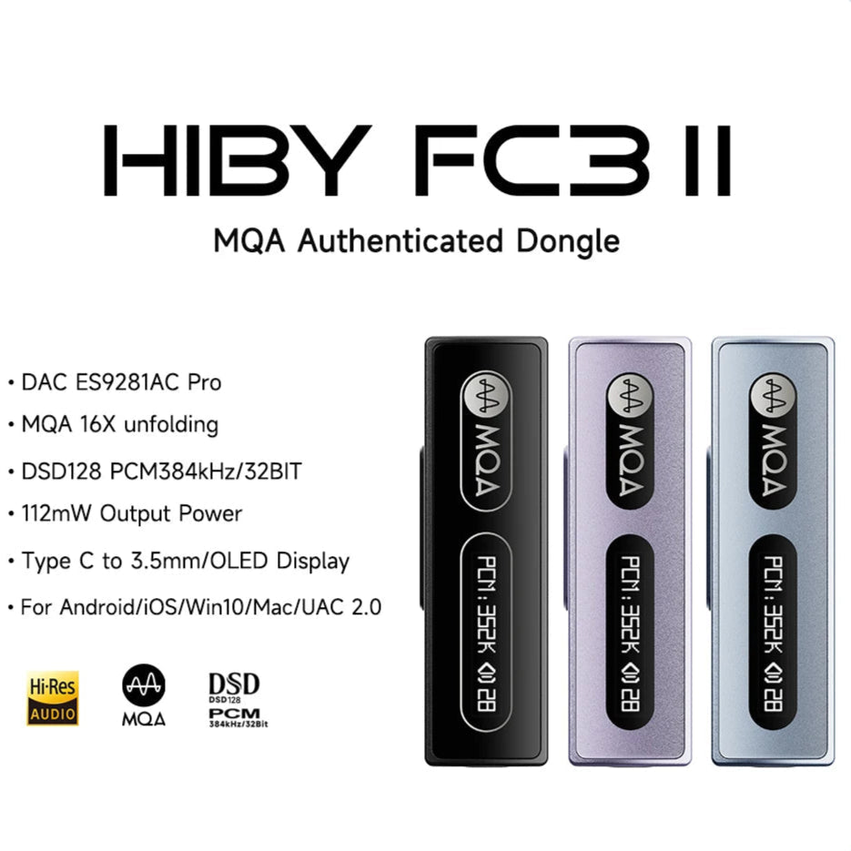 HiBy FC3 MQA Dongle USB DAC Type-C to 3.5mm Headphone Amp HiFi Decoder for Android, iOS, Windows 10