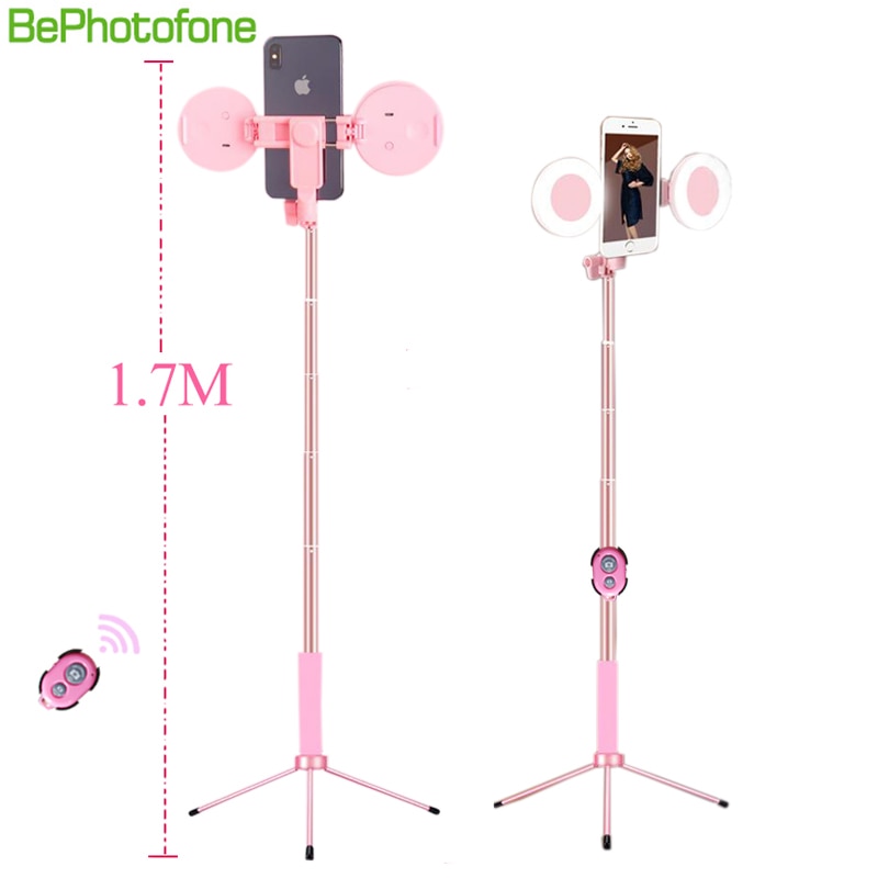 1.7m Extendable live Tripod Selfie Stick Support LED Ring Dual light mirror Stand 4 in 1 Phone Mount