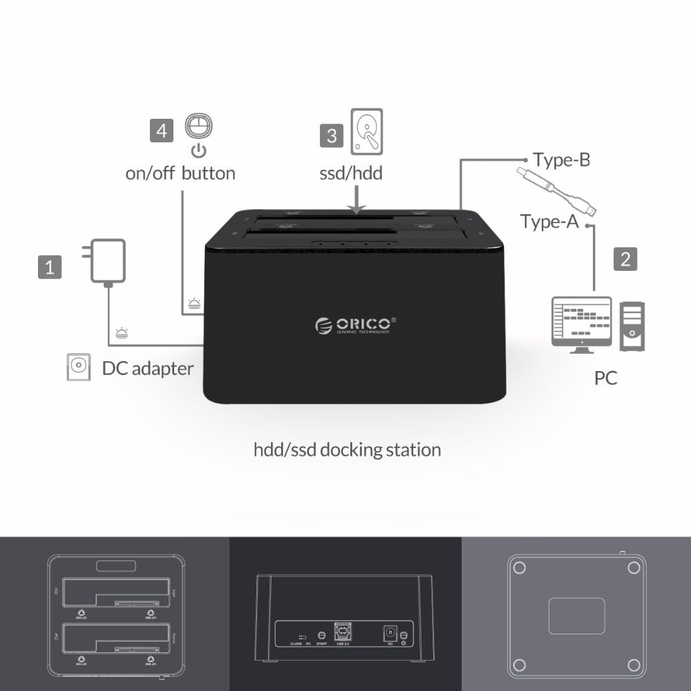 2-bay External Hard Drive Docking Station USB3.0 to SATA 2.5 3.5 in with Offline Clone Support