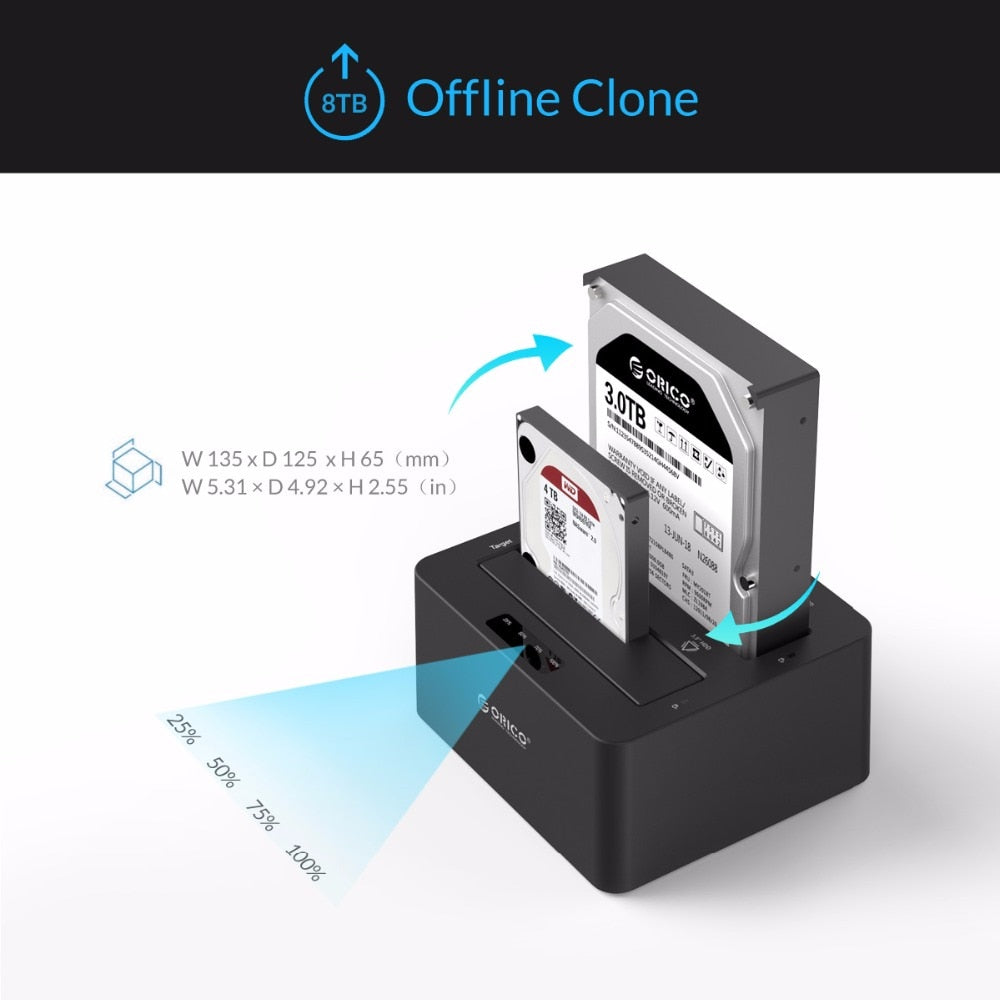 2-bay External Hard Drive Docking Station USB3.0 to SATA 2.5 3.5 in with Offline Clone Support