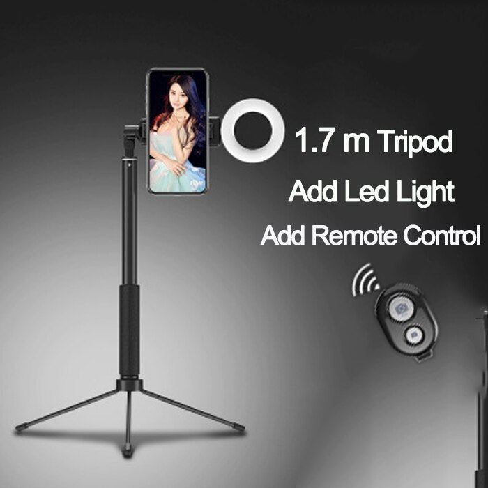 2019 new 1.7m Extendable live Tripod Selfie Stick LED Ring light Stand 4 in 1 With Monopod Phone