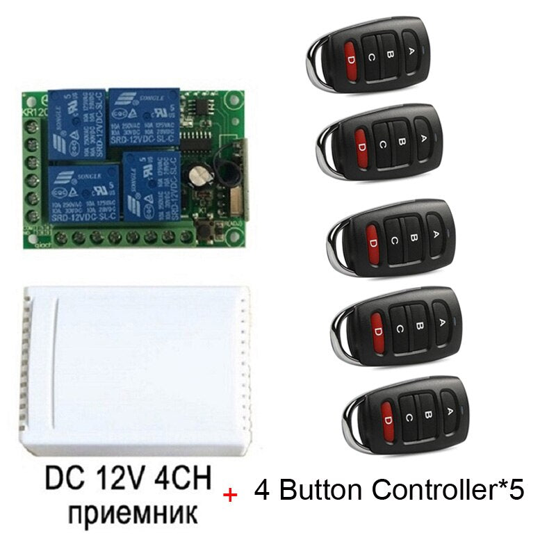 433MHz Universal Wireless Remote Control DC 12V 4CH Relay Receiver Module RF Switch 4 Button Remote Control