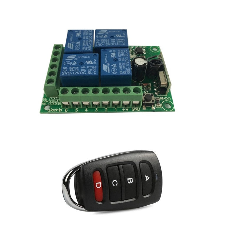 433MHz Universal Wireless Remote Control DC 12V 4CH Relay Receiver Module RF Switch 4 Button Remote Control