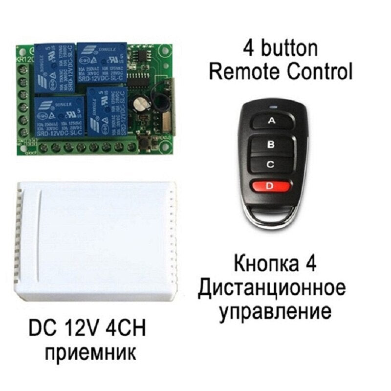 433MHz Universal Wireless Remote Control DC 12V 4CH Relay Receiver Module RF Switch 4 Button Remote Control